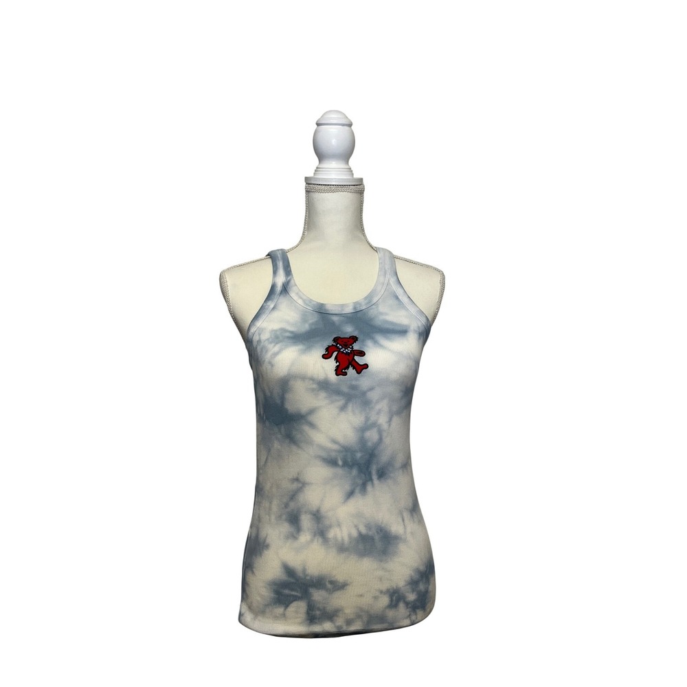 Lucky Brand Women's Blue and White Tie-Dye Tank Top with Red Bear Size M